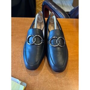 27 Edit Regina Black Leather Loafer with Silver Ring/Heel Accent Women 10